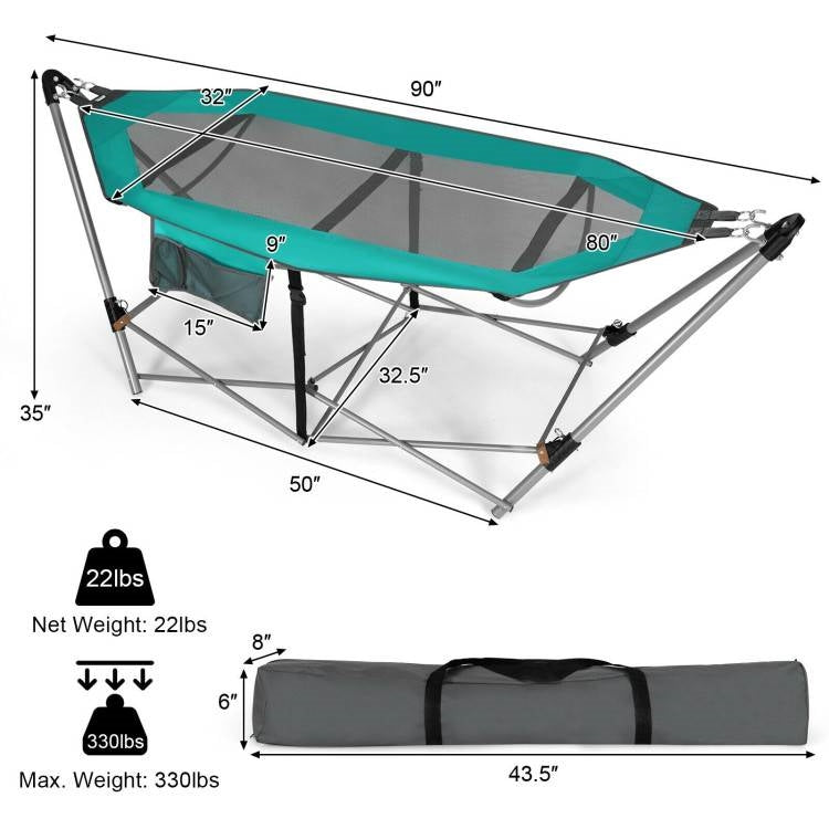 Green Portable Camping Foldable Hammock with Stand and Carry Case-3