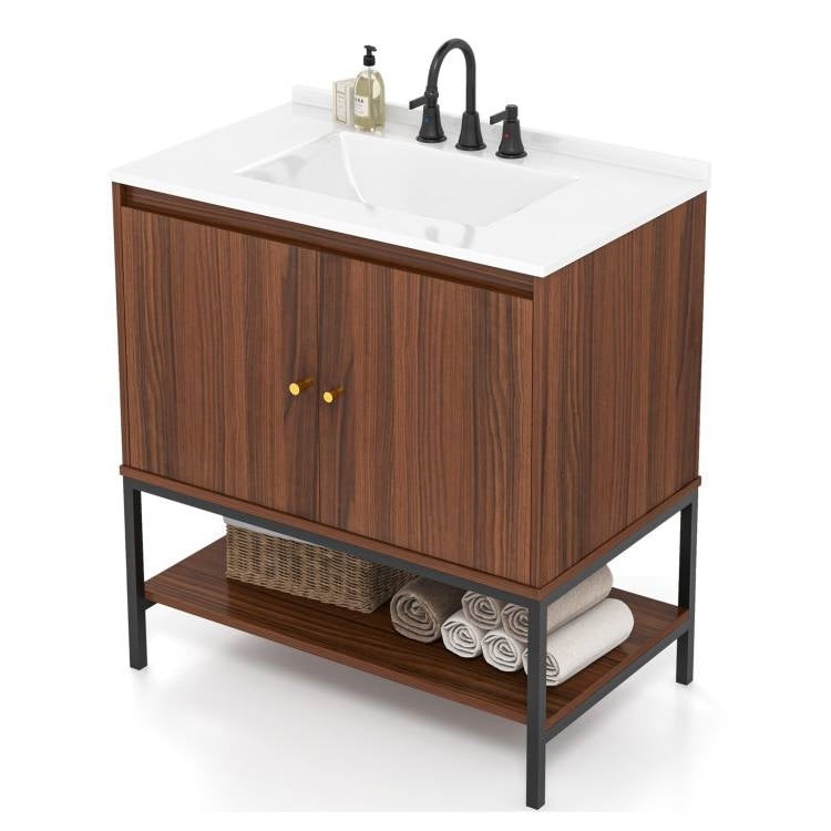 Modern Walnut Wood Finish Bathroom Vanity with White Sink-0