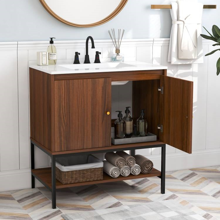 Modern Walnut Wood Finish Bathroom Vanity with White Sink-1