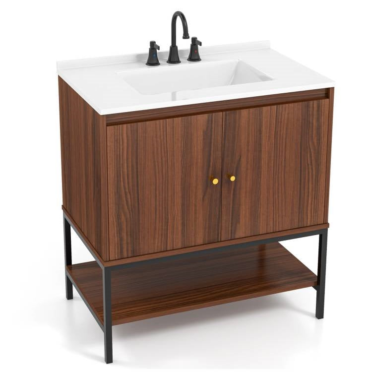 Modern Walnut Wood Finish Bathroom Vanity with White Sink-2