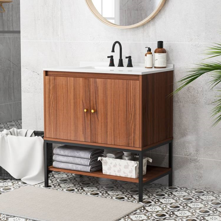 Modern Walnut Wood Finish Bathroom Vanity with White Sink-3