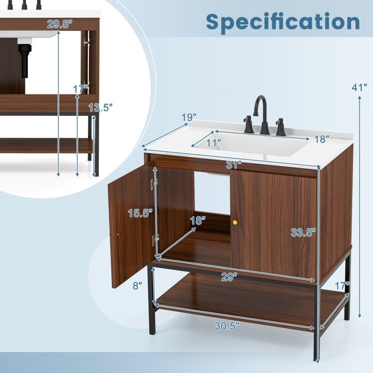 Modern Walnut Wood Finish Bathroom Vanity with White Sink-4