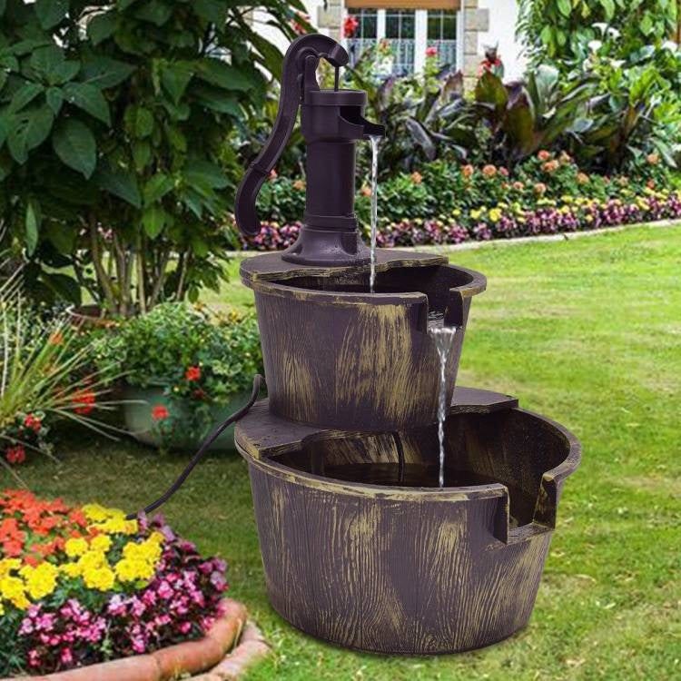 Outdoor 2-Tier Rustic Barrel Water Fountain with Submersible Pump-0