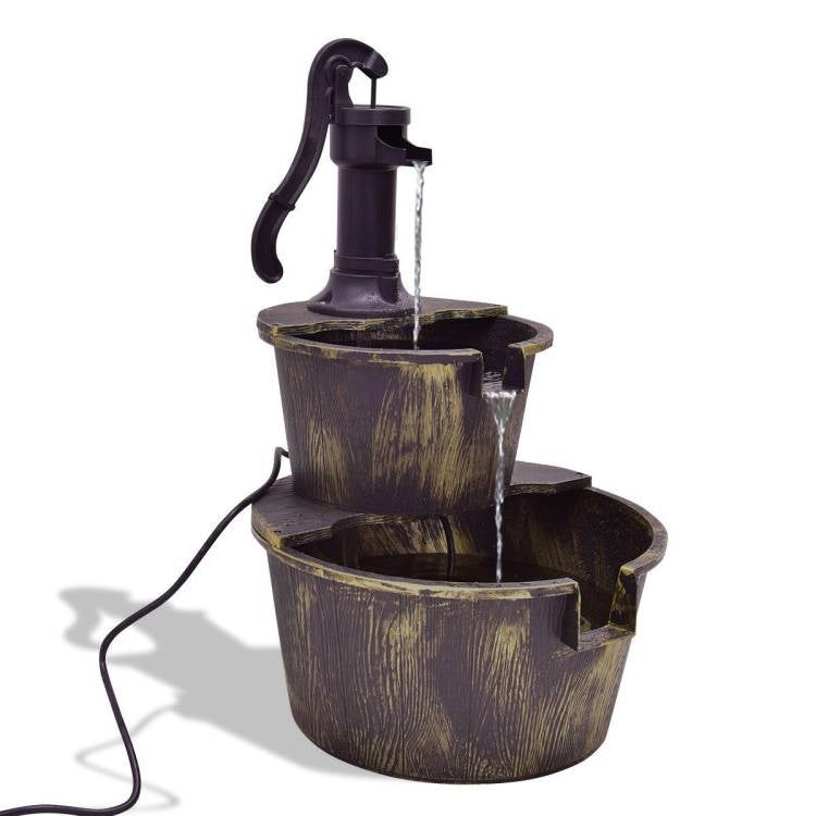 Outdoor 2-Tier Rustic Barrel Water Fountain with Submersible Pump-1