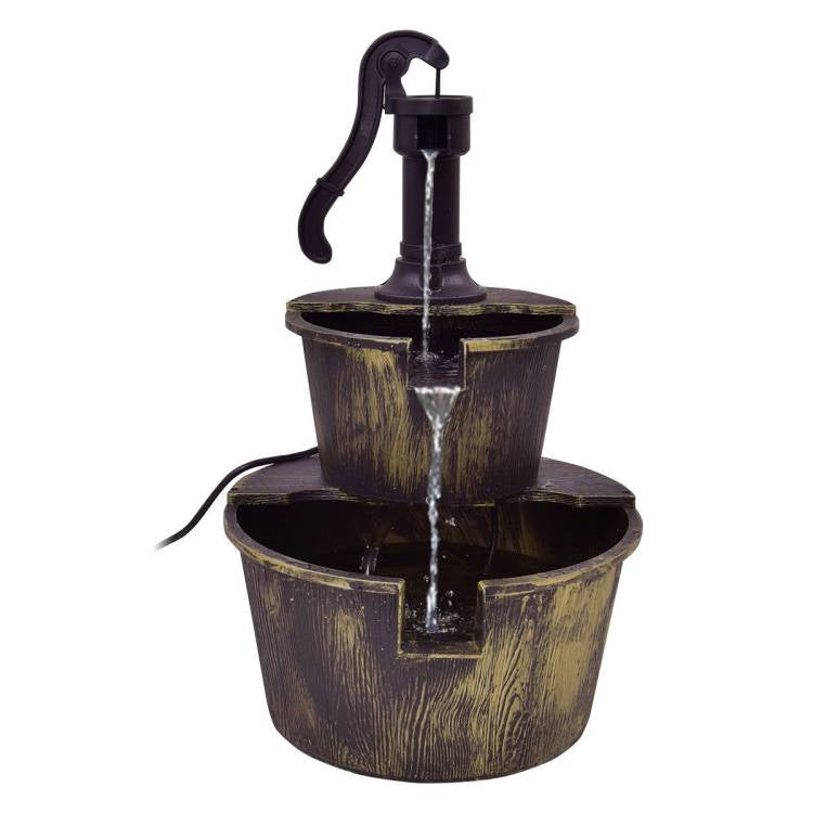 Outdoor 2-Tier Rustic Barrel Water Fountain with Submersible Pump-2