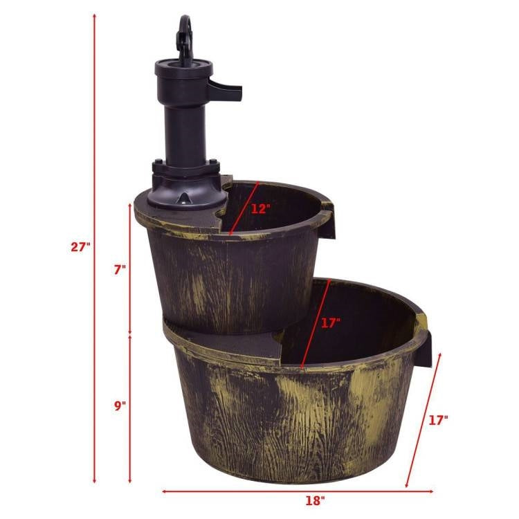 Outdoor 2-Tier Rustic Barrel Water Fountain with Submersible Pump-4