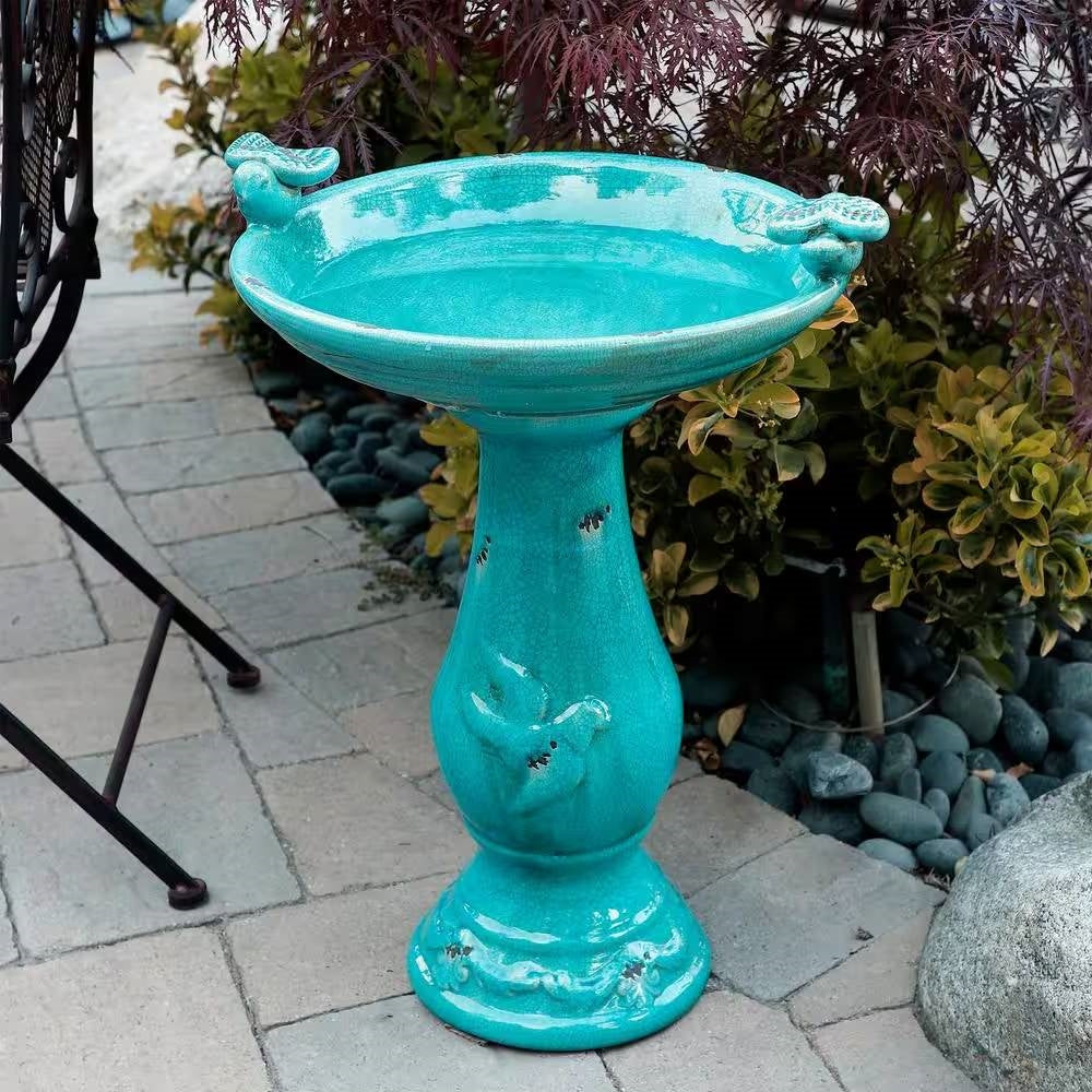 Outdoor Turquoise Blue Ceramic Birdbath-1