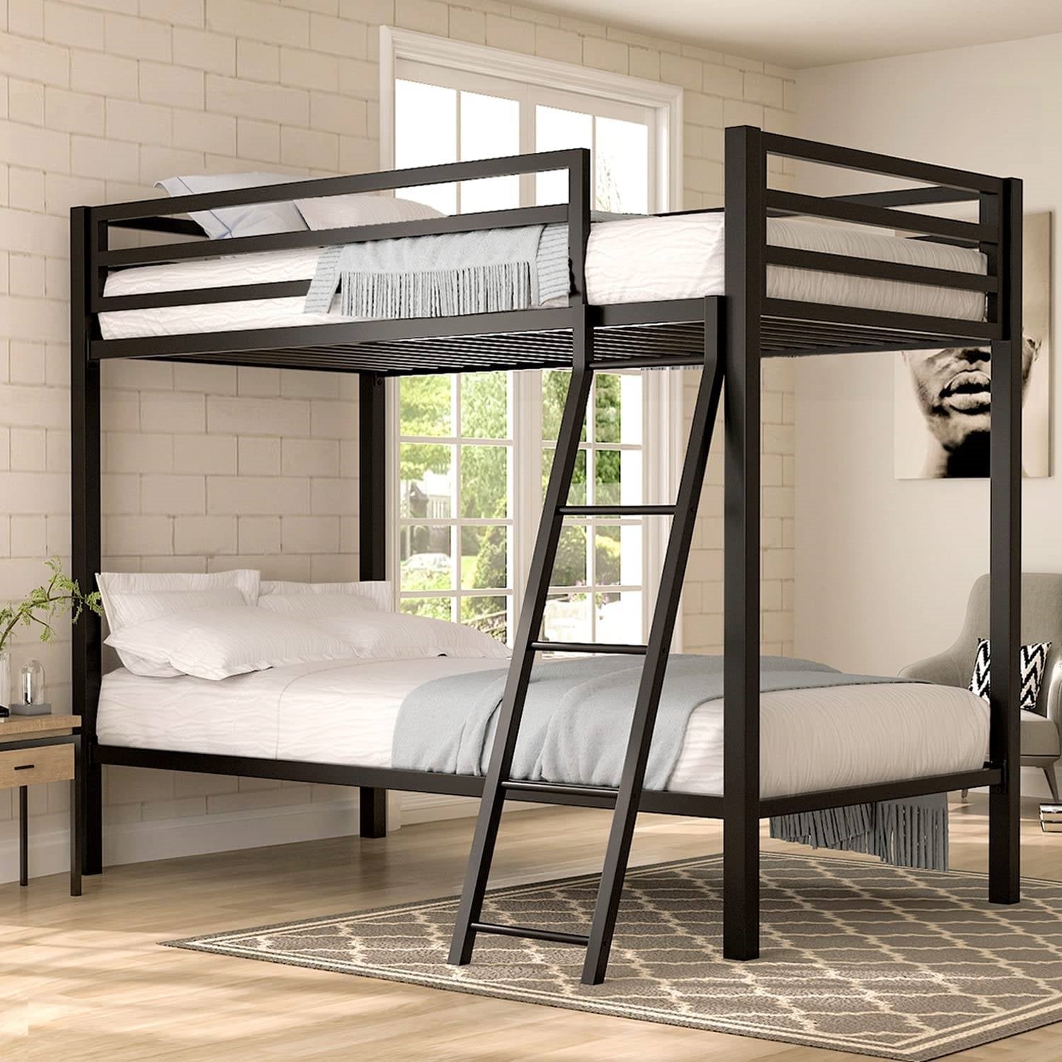 Twin over Twin Modern Metal Bunk Bed Frame in Black Finish with Ladder-1