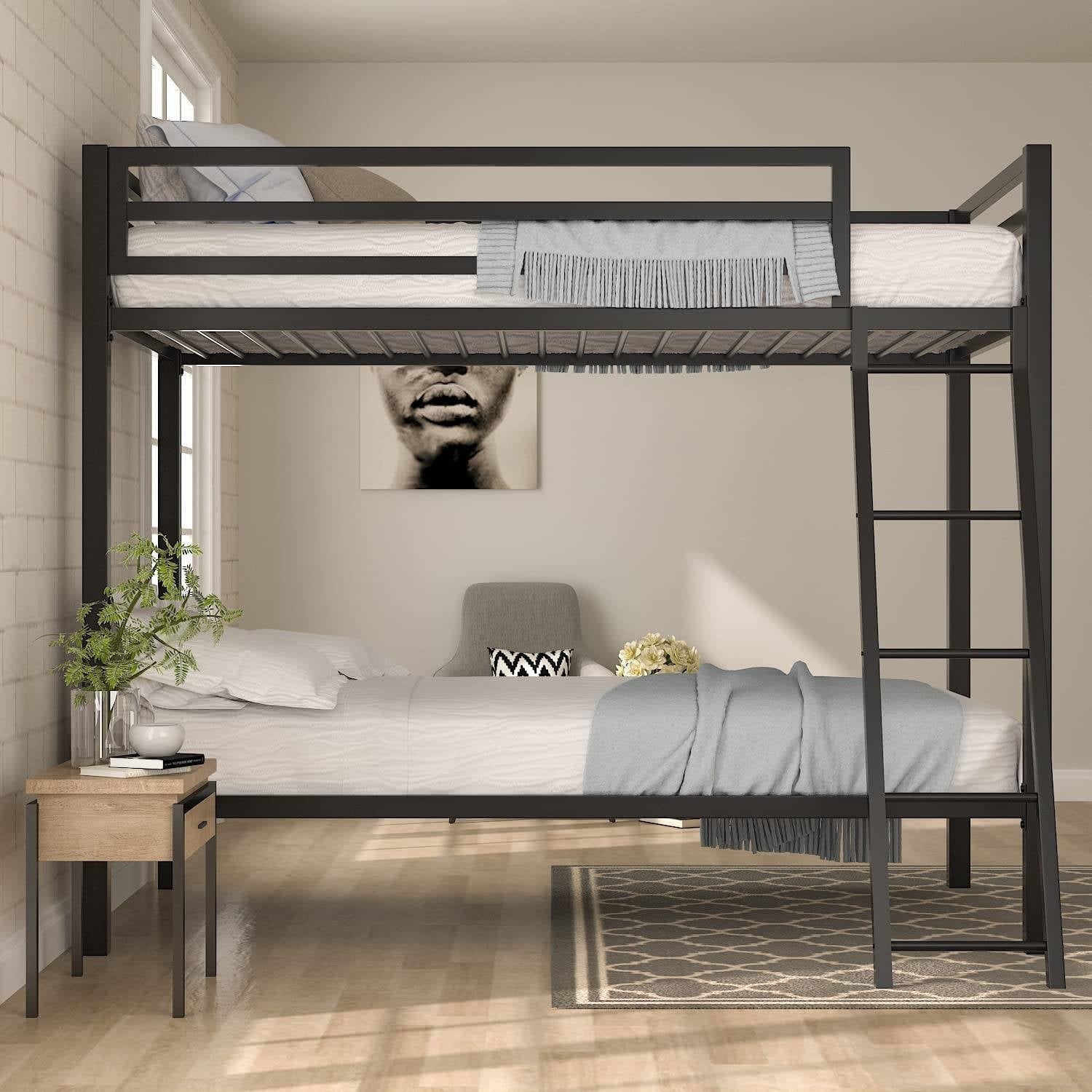 Twin over Twin Modern Metal Bunk Bed Frame in Black Finish with Ladder-3