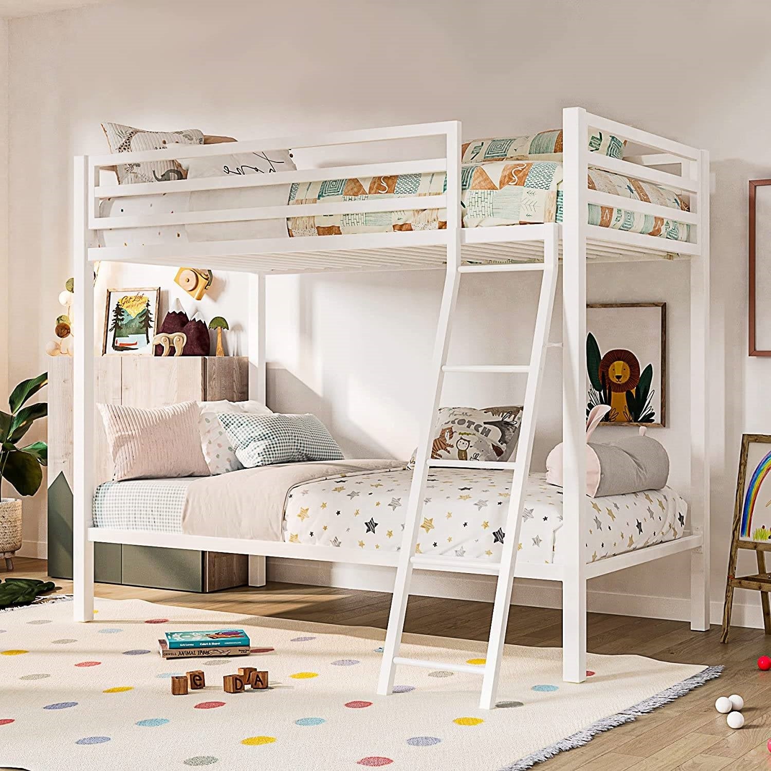 Twin over Twin Modern Metal Bunk Bed Frame in White with Ladder-0