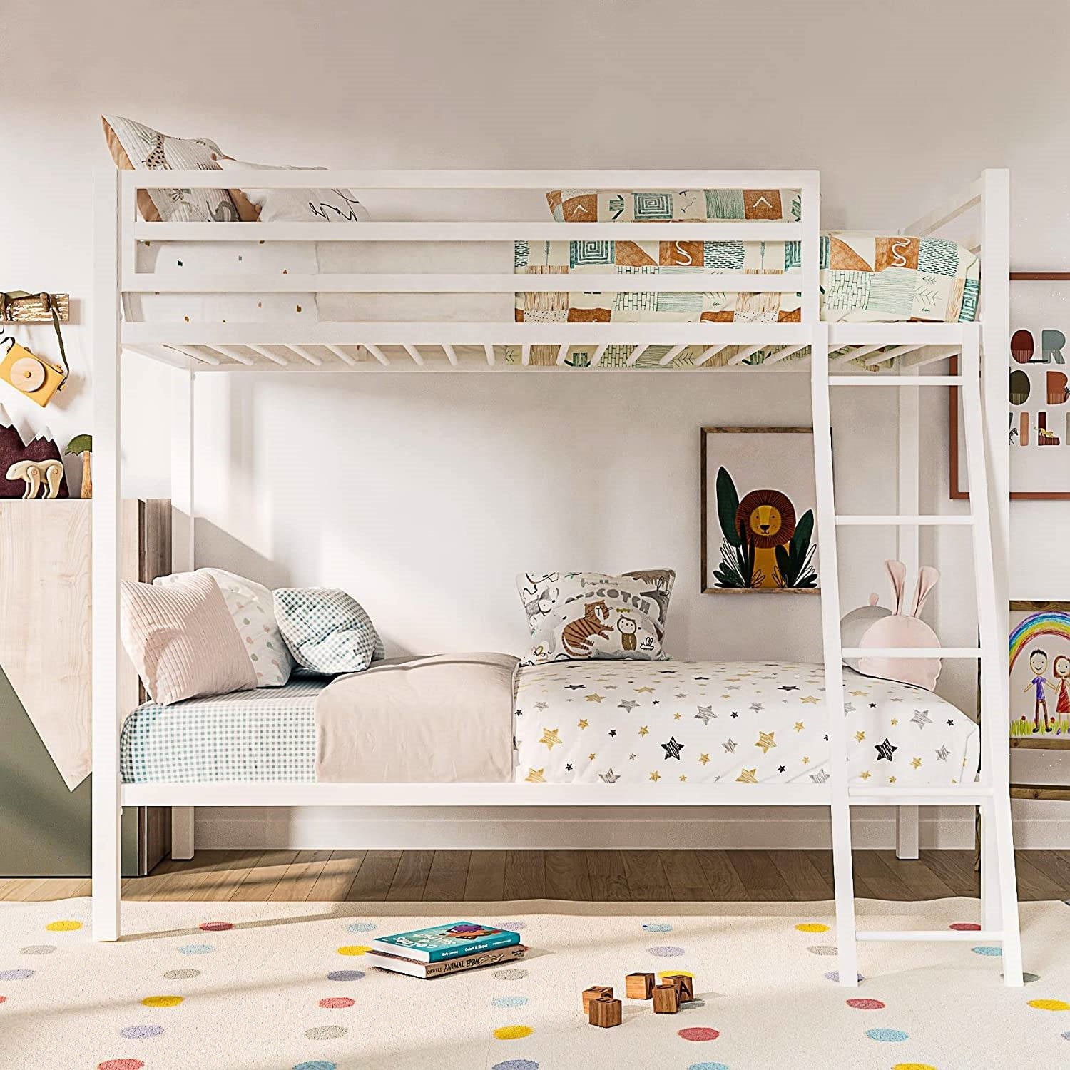 Twin over Twin Modern Metal Bunk Bed Frame in White with Ladder-1