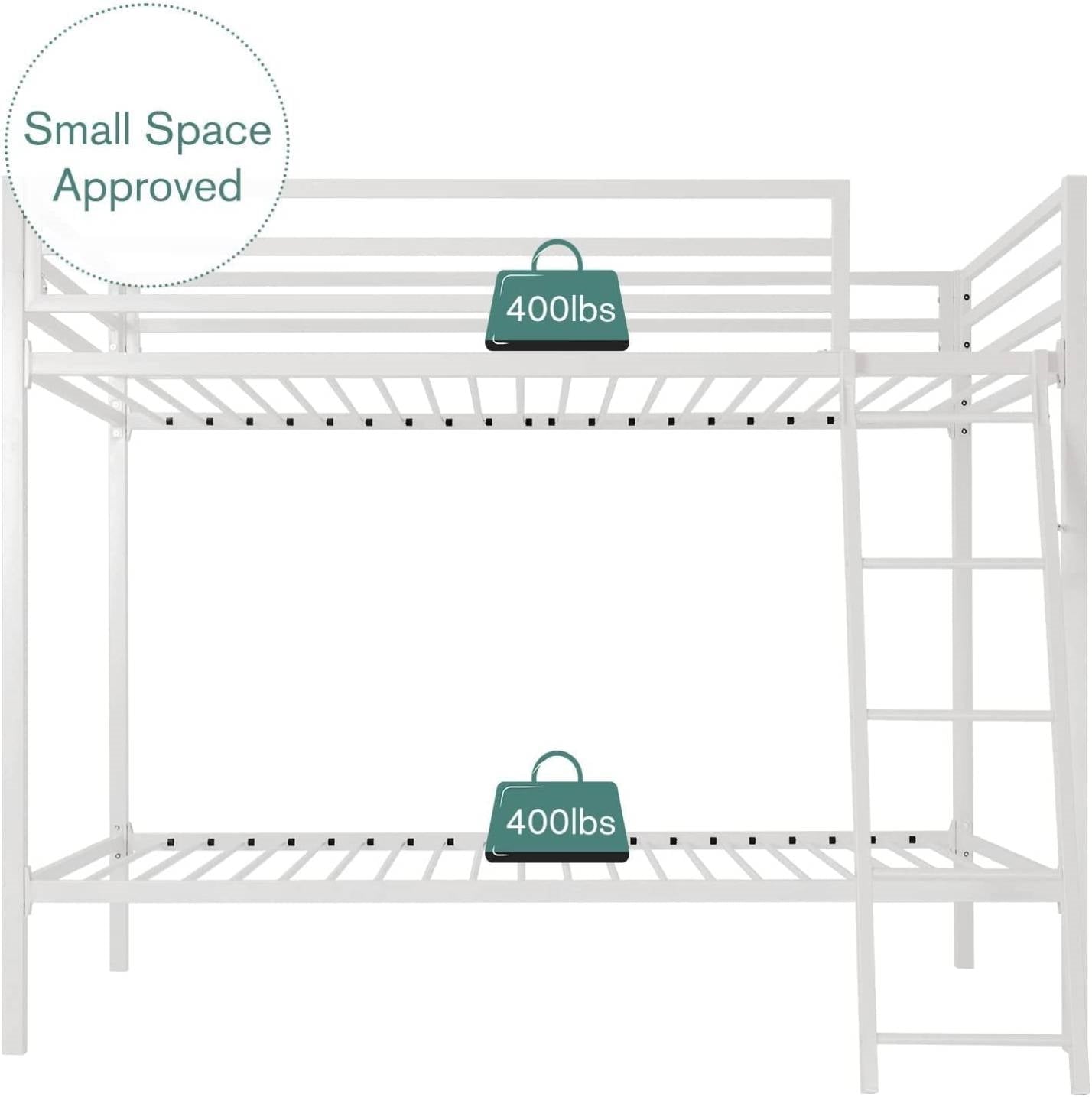 Twin over Twin Modern Metal Bunk Bed Frame in White with Ladder-3