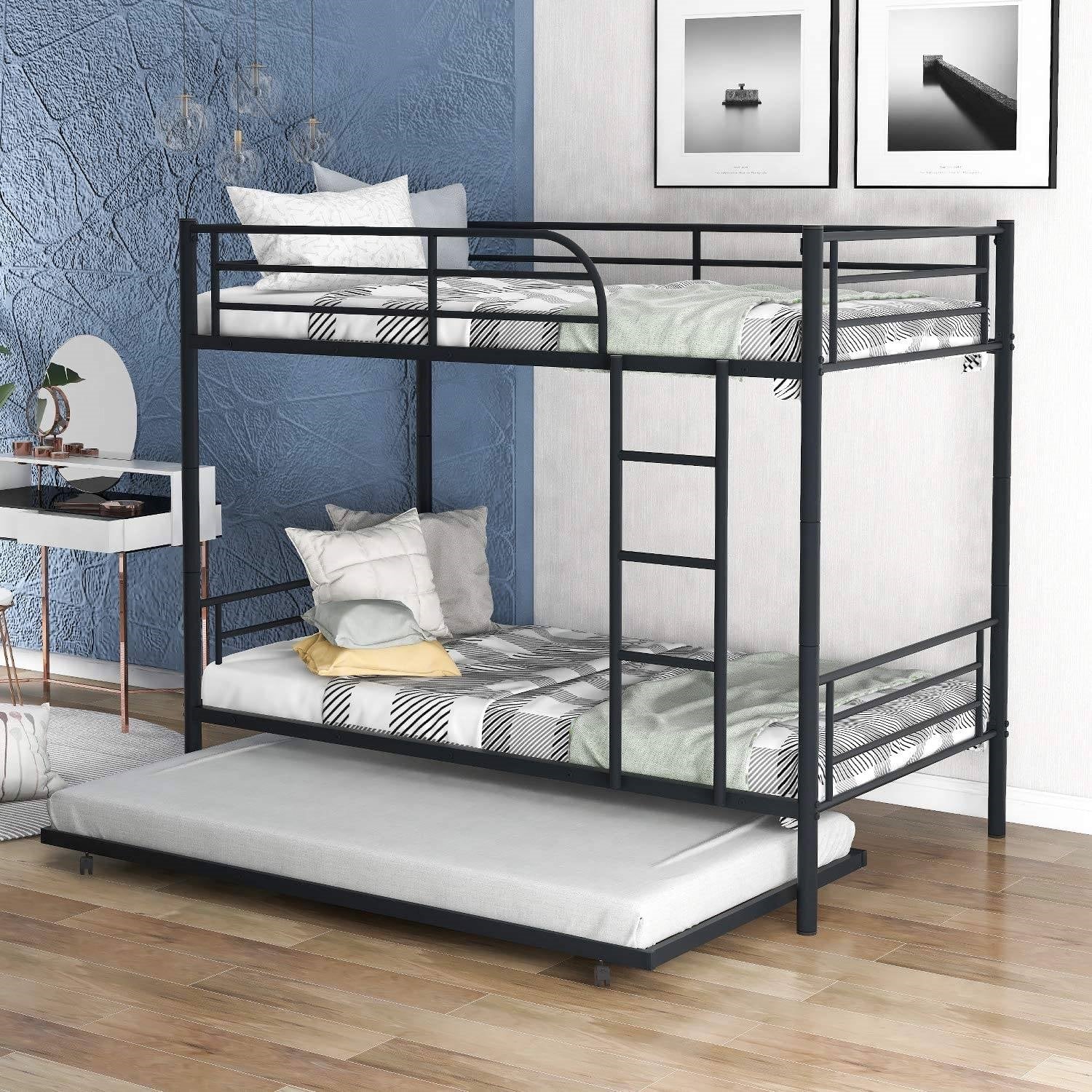 Twin over Twin Bunk bed with Trundle Bed in Black Metal Finish-0