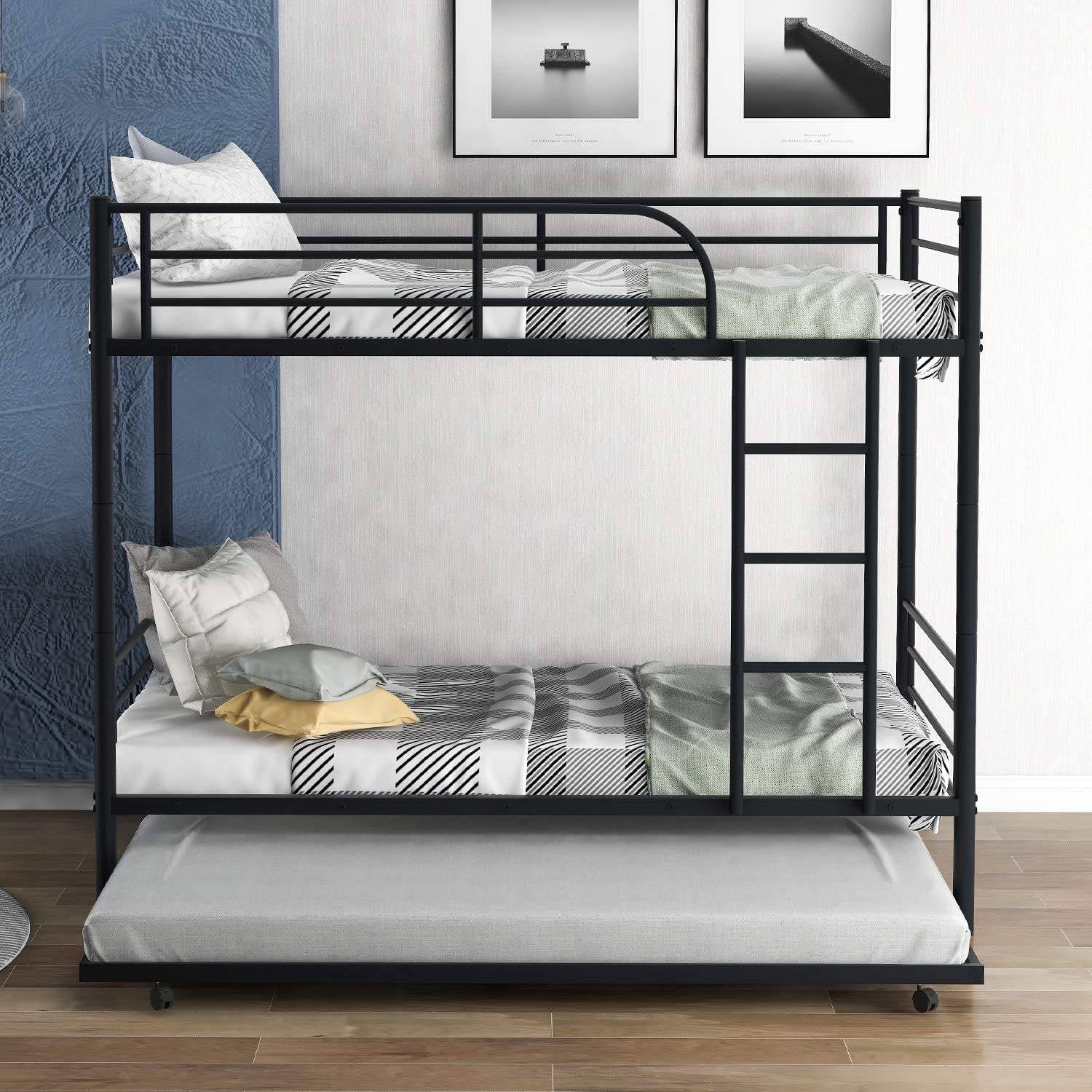 Twin over Twin Bunk bed with Trundle Bed in Black Metal Finish-1