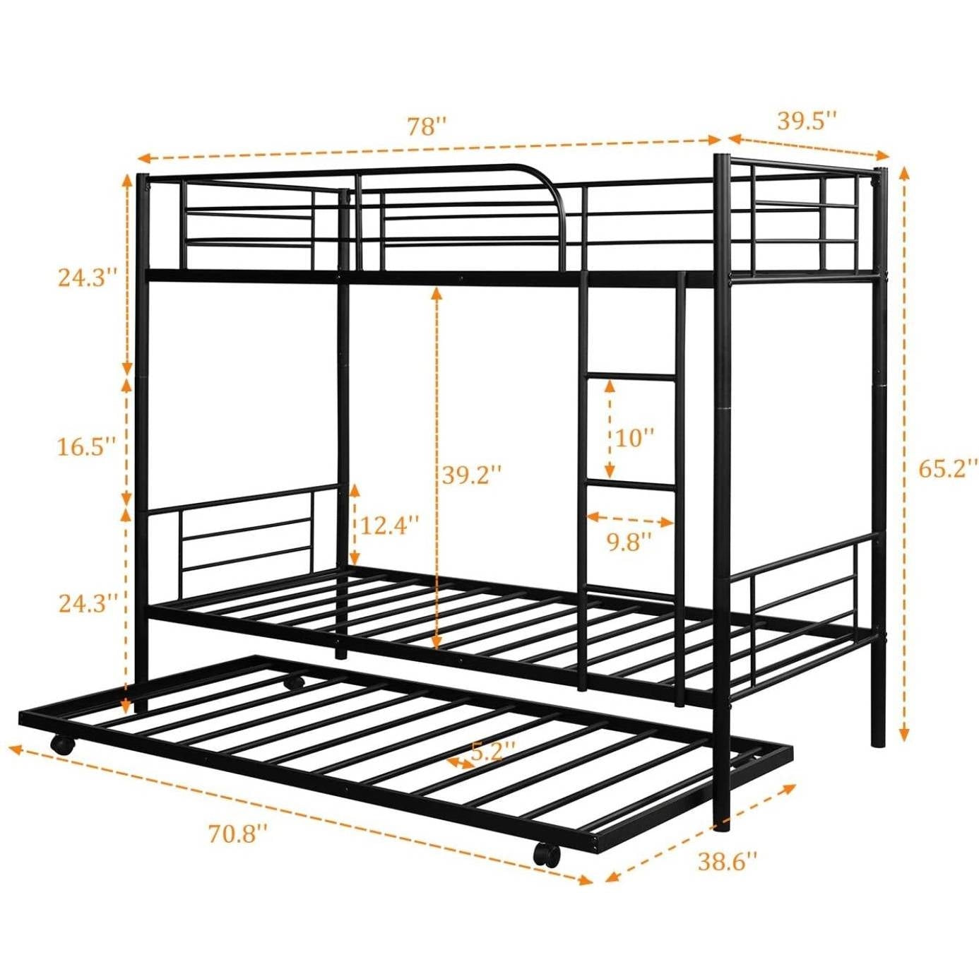 Twin over Twin Bunk bed with Trundle Bed in Black Metal Finish-4