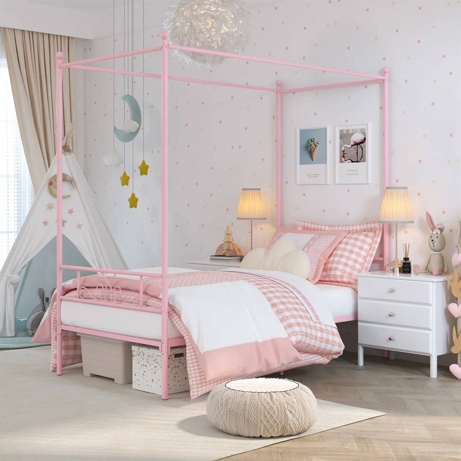 Twin size French Country Style Four Poster Metal Canopy Bed in Pink Finish-0