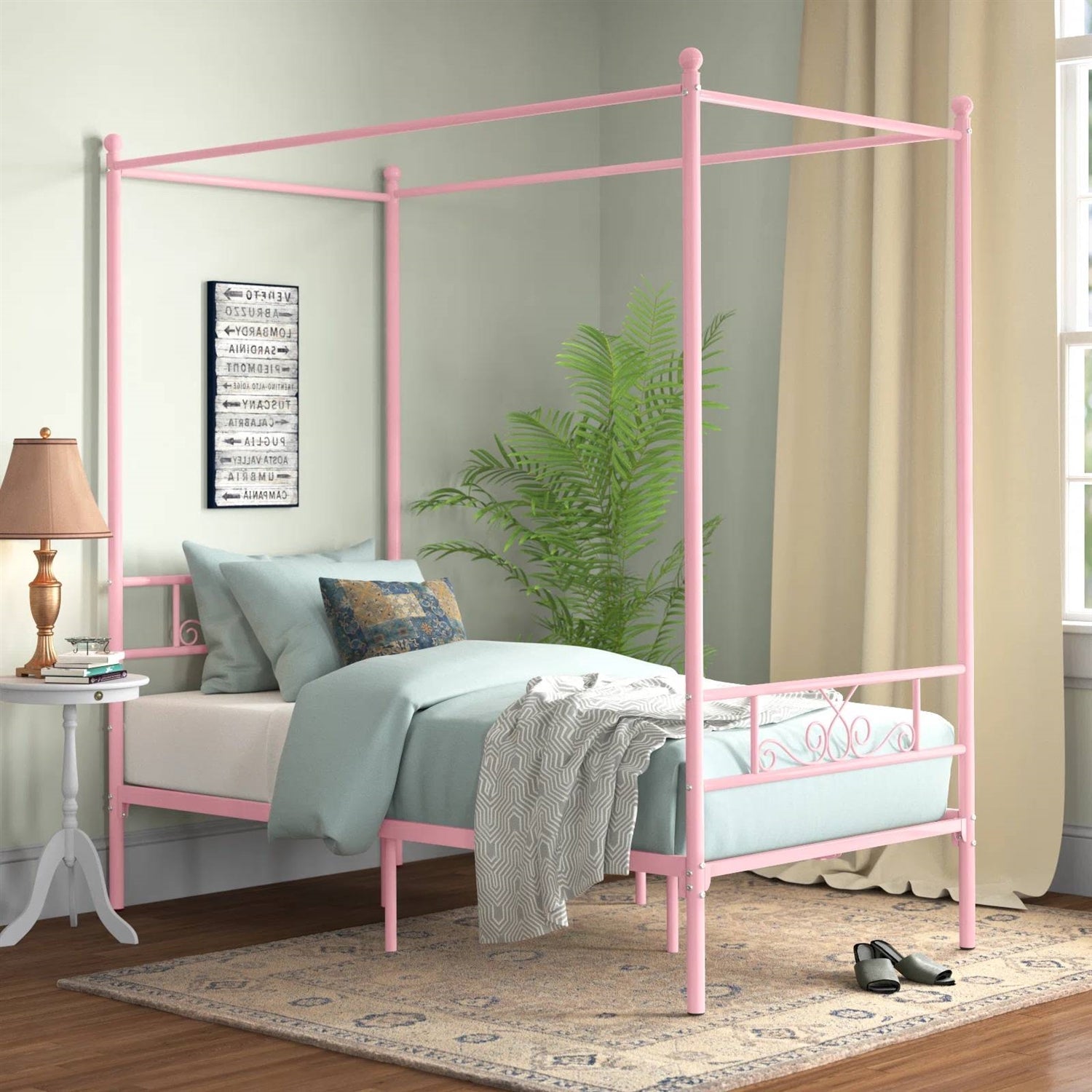 Twin size French Country Style Four Poster Metal Canopy Bed in Pink Finish-2