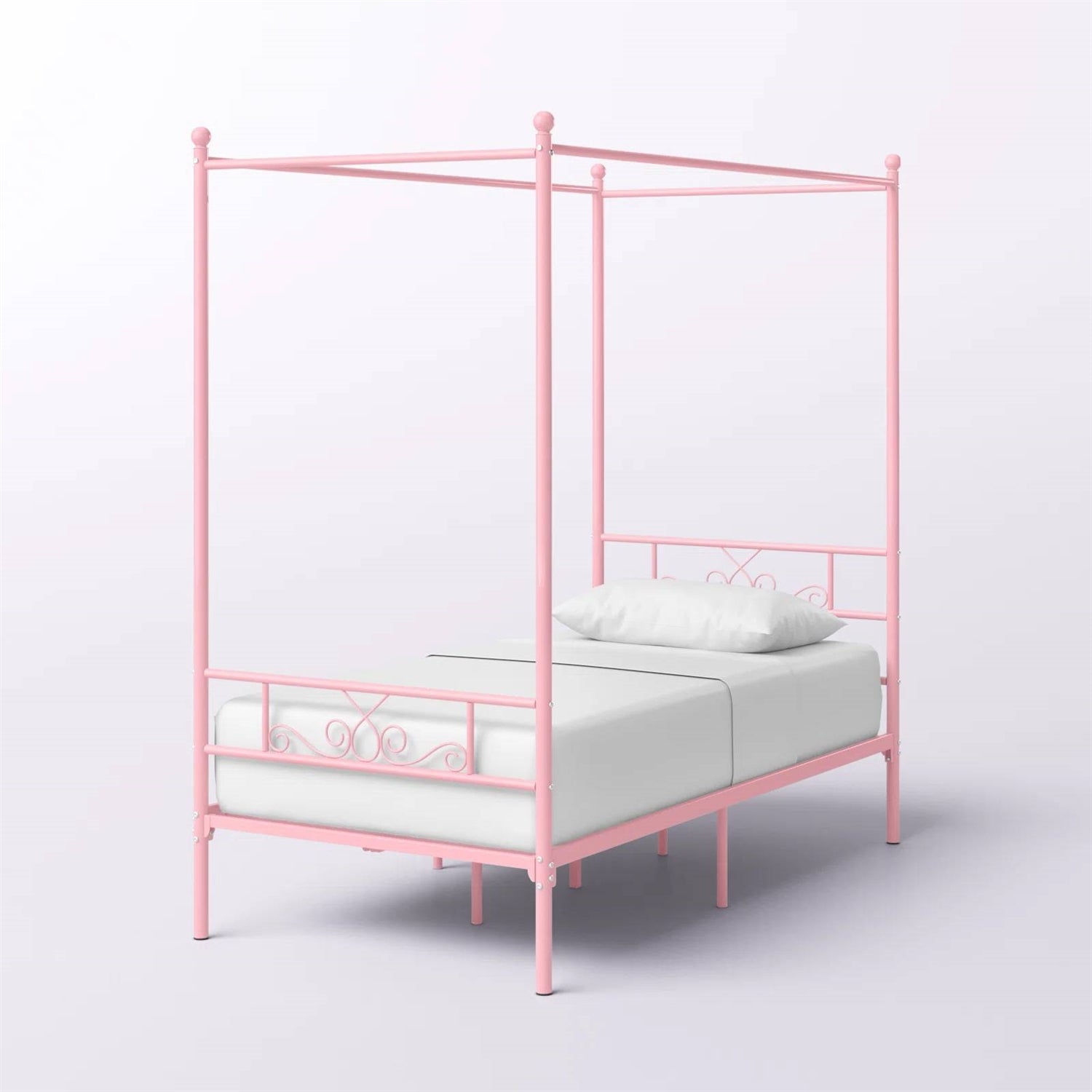 Twin size French Country Style Four Poster Metal Canopy Bed in Pink Finish-3