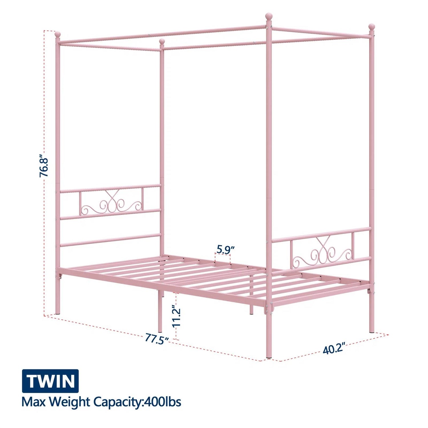 Twin size French Country Style Four Poster Metal Canopy Bed in Pink Finish-4