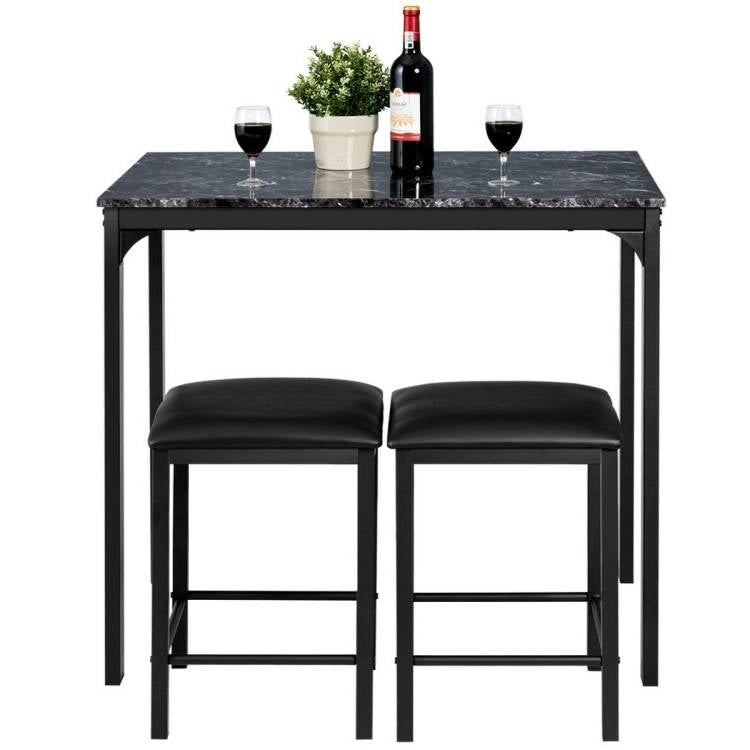 Modern 3-Piece Dining Set Black Faux Marble Table-Top and 2 Black Chairs Stools-2