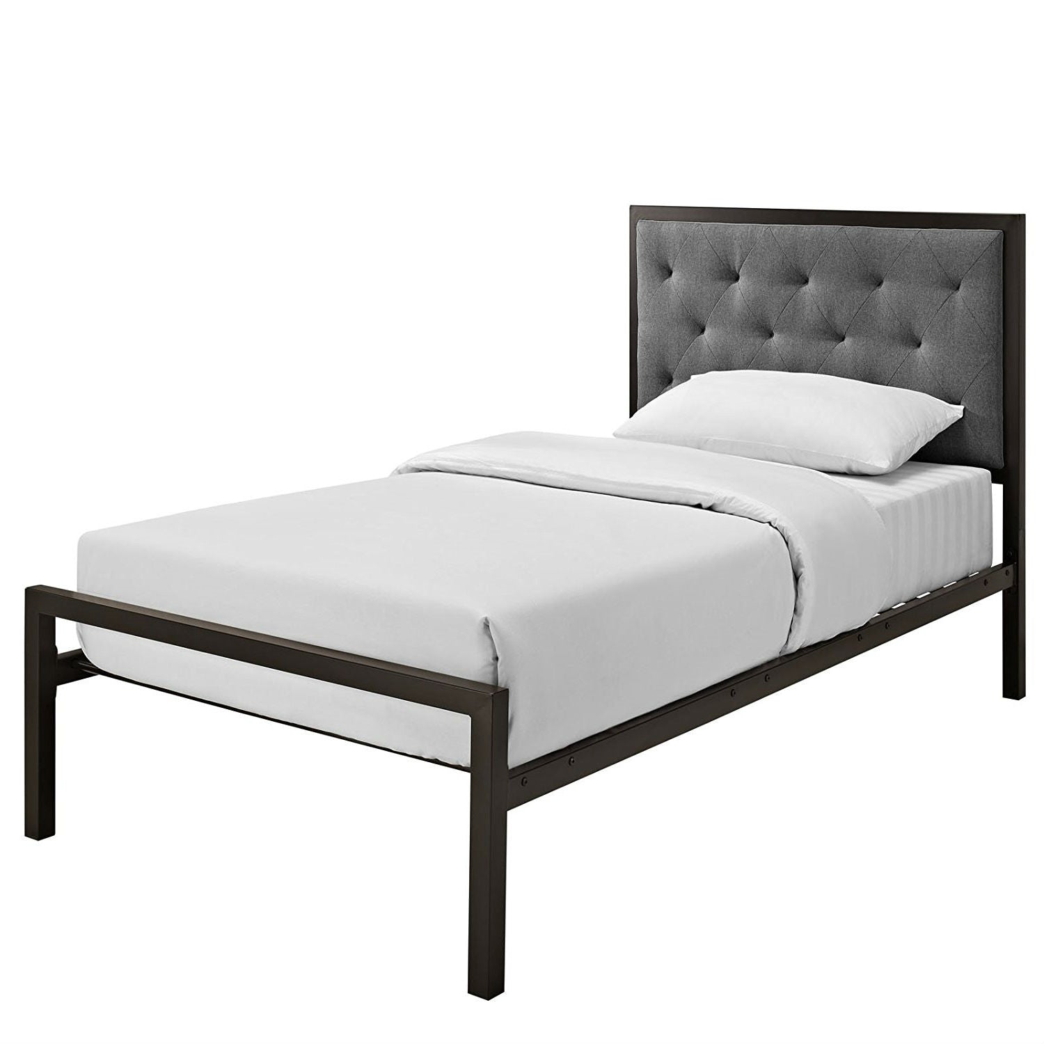 Twin Metal Platform Bed with Gray Fabric Button Tufted Upholstered Headboard-0