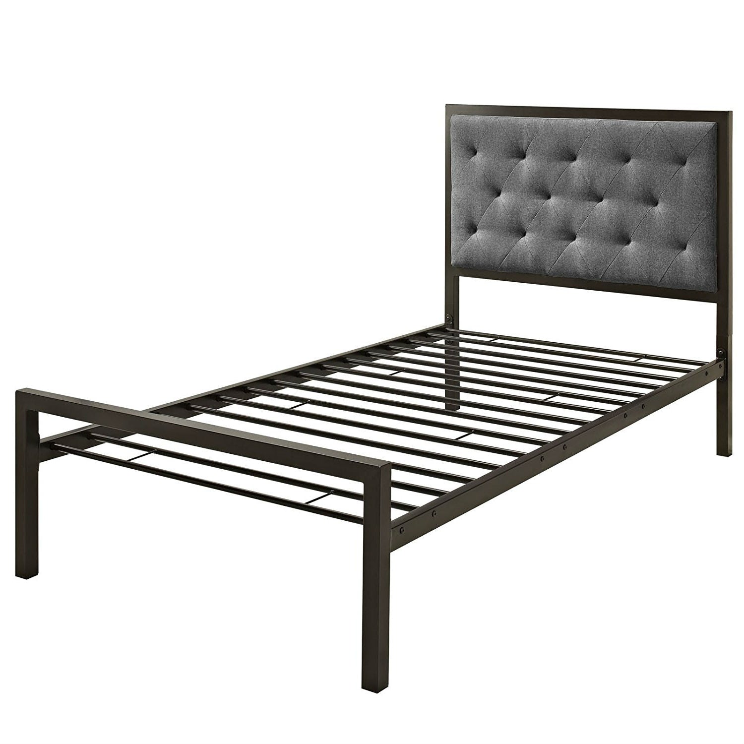 Twin Metal Platform Bed with Gray Fabric Button Tufted Upholstered Headboard-1