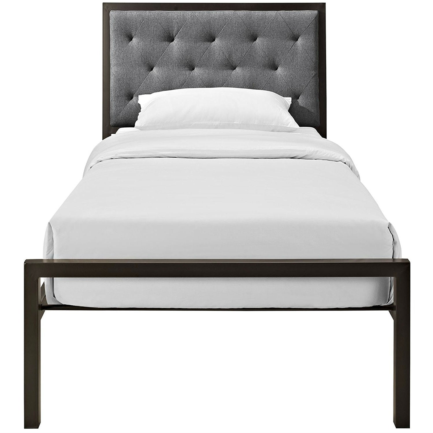 Twin Metal Platform Bed with Gray Fabric Button Tufted Upholstered Headboard-2