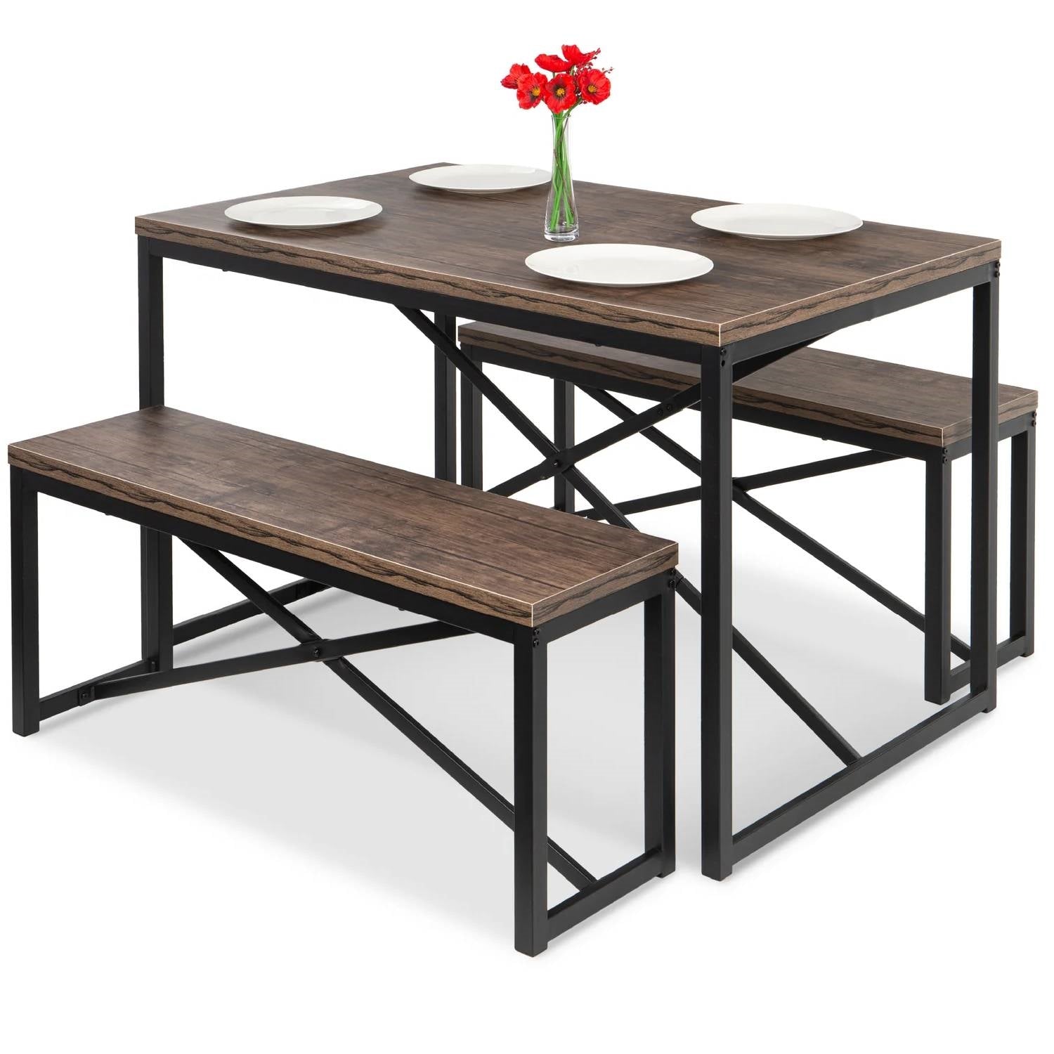 Modern 3-Piece Dining Set with Wood Top Metal Frame Table and 2 Bench Chairs-0