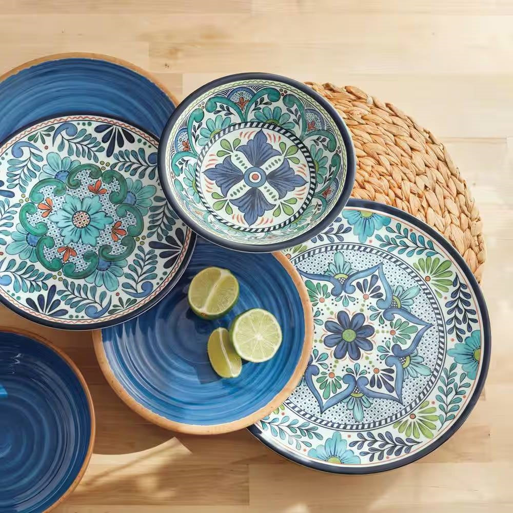 12-Piece Melamine Dinnerware Plates Bowls Set with Blue Floral Pattern-1