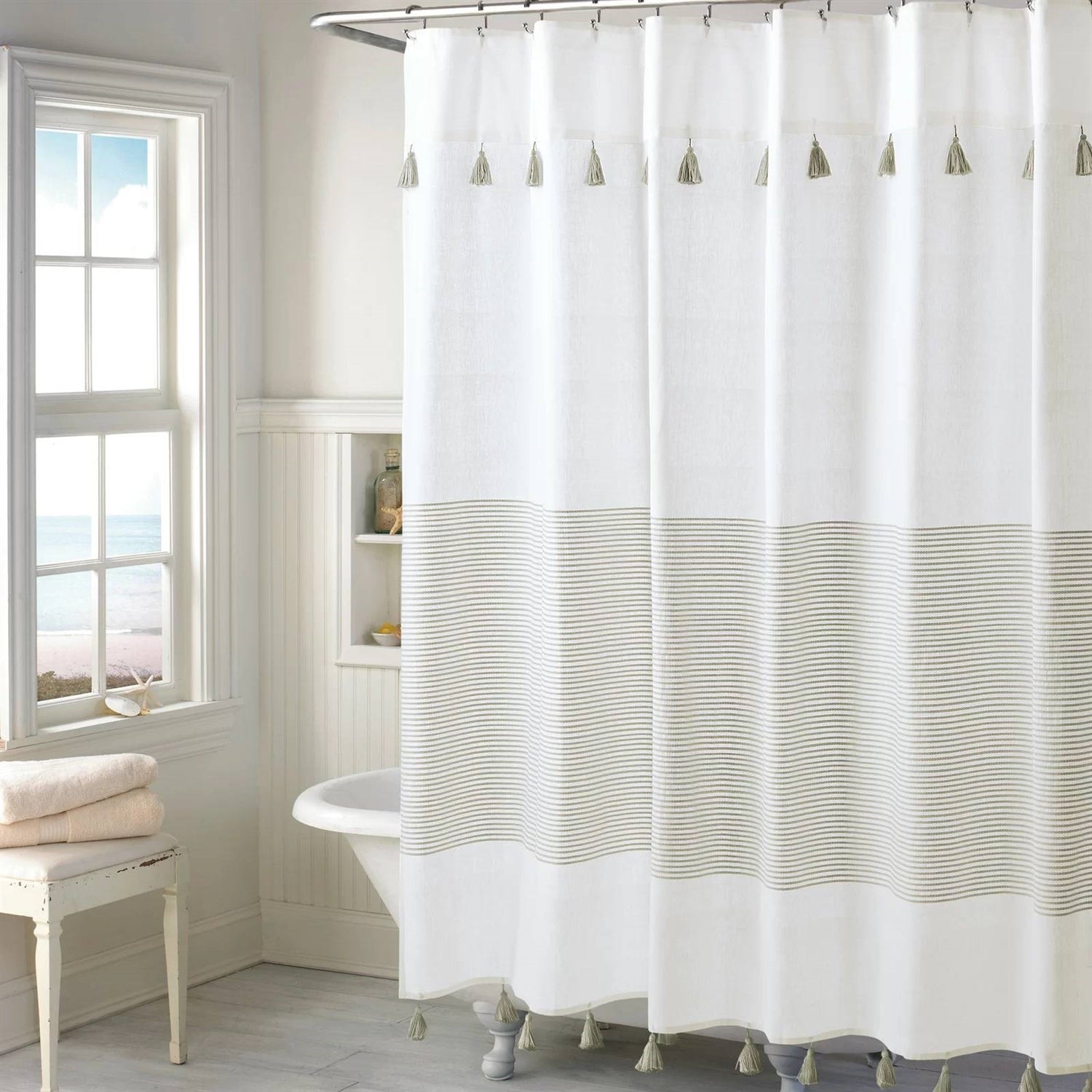 72-inch Taupe Tan and White Stripes Cotton Shower Curtain-0