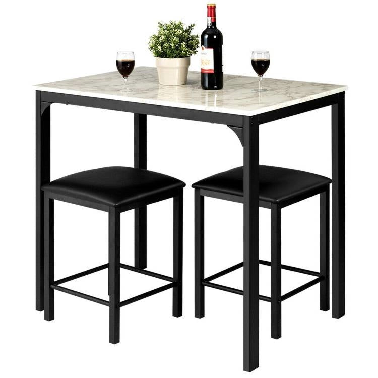 Modern 3-Piece Dining Set White Faux Marble Table-Top and 2 Black Chairs Stools-0