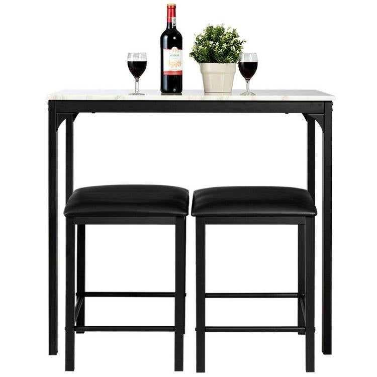 Modern 3-Piece Dining Set White Faux Marble Table-Top and 2 Black Chairs Stools-1