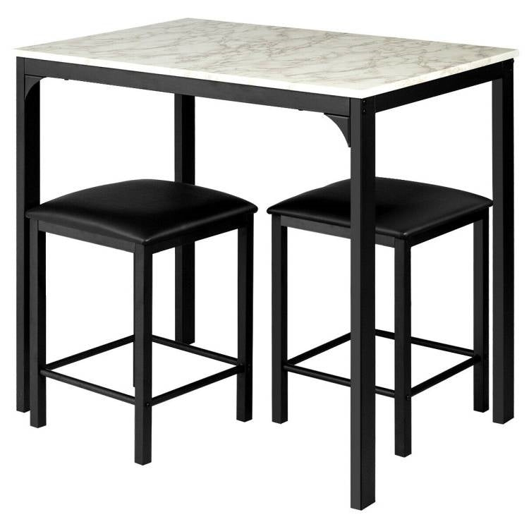 Modern 3-Piece Dining Set White Faux Marble Table-Top and 2 Black Chairs Stools-3