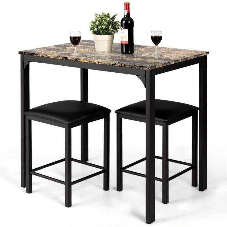 Modern 3-Piece Dining Set Brown Faux Marble Table-Top and 2 Black Chairs Stools-0