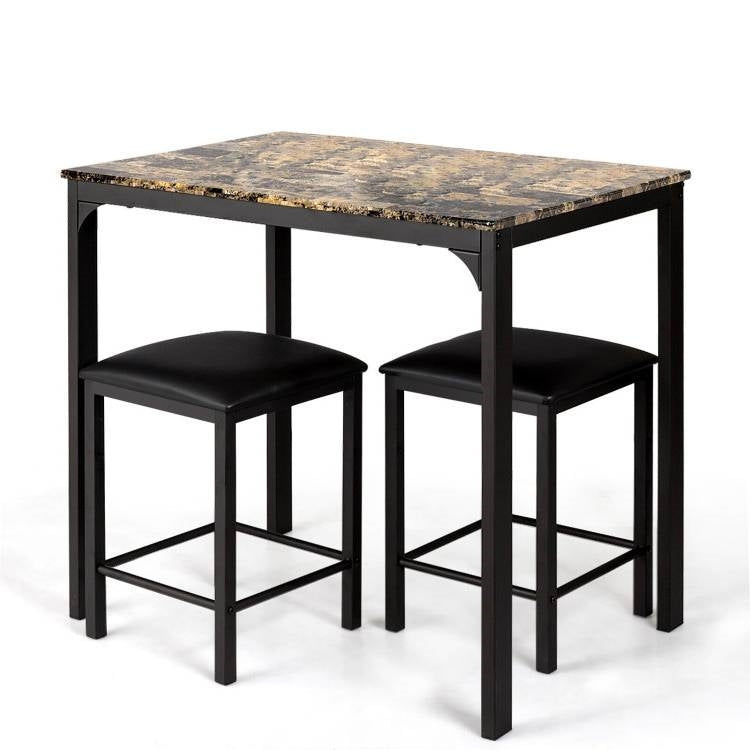 Modern 3-Piece Dining Set Brown Faux Marble Table-Top and 2 Black Chairs Stools-1