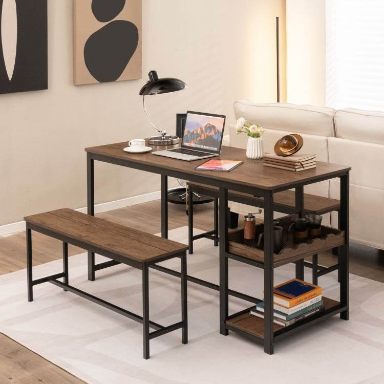 Modern Industrial 3-Piece Metal Wood Dining Set with 2 Benches and Wine Rack-2