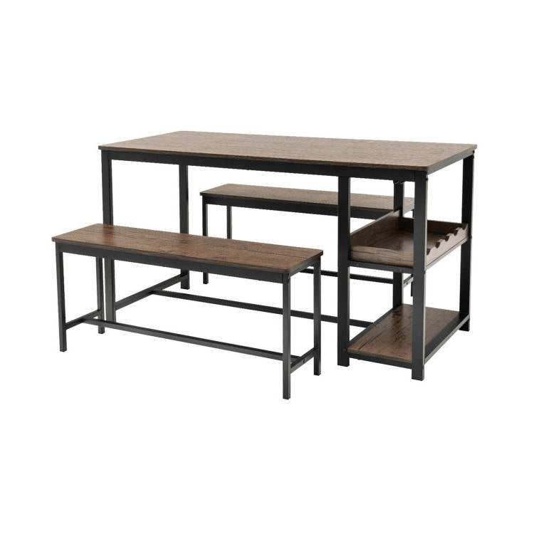 Modern Industrial 3-Piece Metal Wood Dining Set with 2 Benches and Wine Rack-3