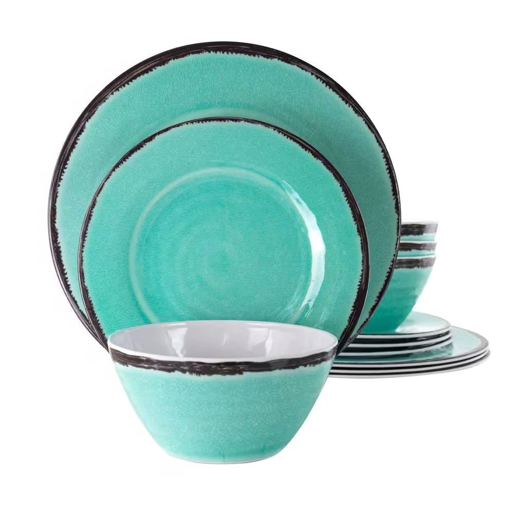 12-Piece Melamine Plates Bowls Dinnerware Set in Turquoise Blue - Service for 4-0