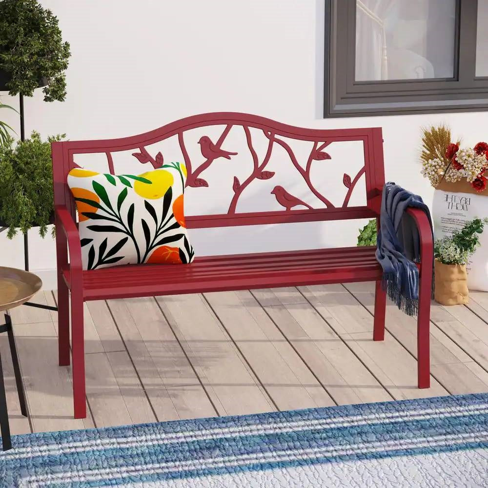 Red Steel Frame Outdoor Patio Garden Bench with Bird Branch Pattern Backrest-0