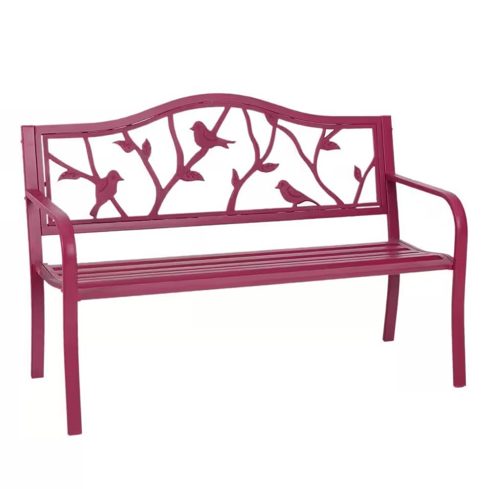 Red Steel Frame Outdoor Patio Garden Bench with Bird Branch Pattern Backrest-1