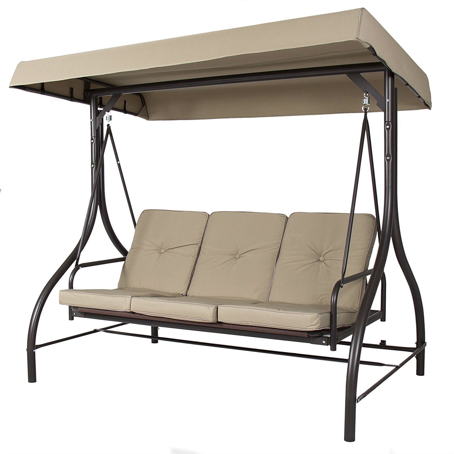 Tan 3-Seat Outdoor Porch Deck Patio Canopy Swing with Cushions-0