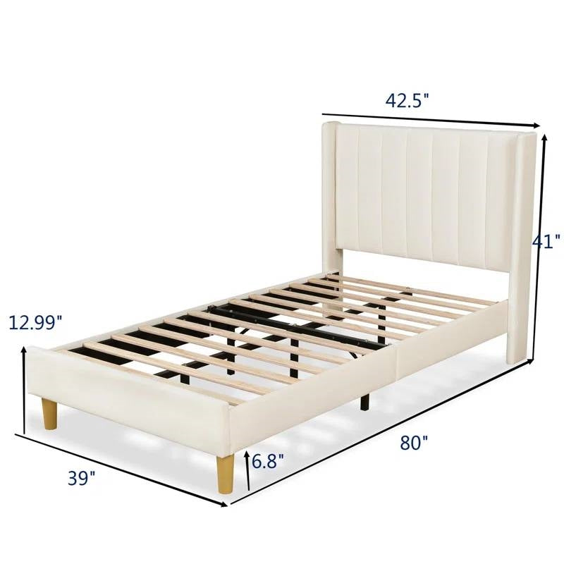 Twin size Mid-Century Platform Bed Frame with Cream Velvet Upholstered Headboard-4