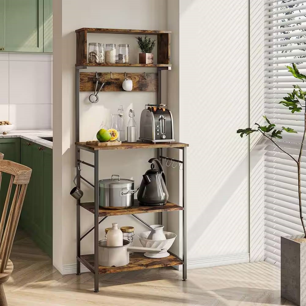 Industrial Modern Kitchen Metal Wood Shelf Bakers Rack Microwave Stand-2