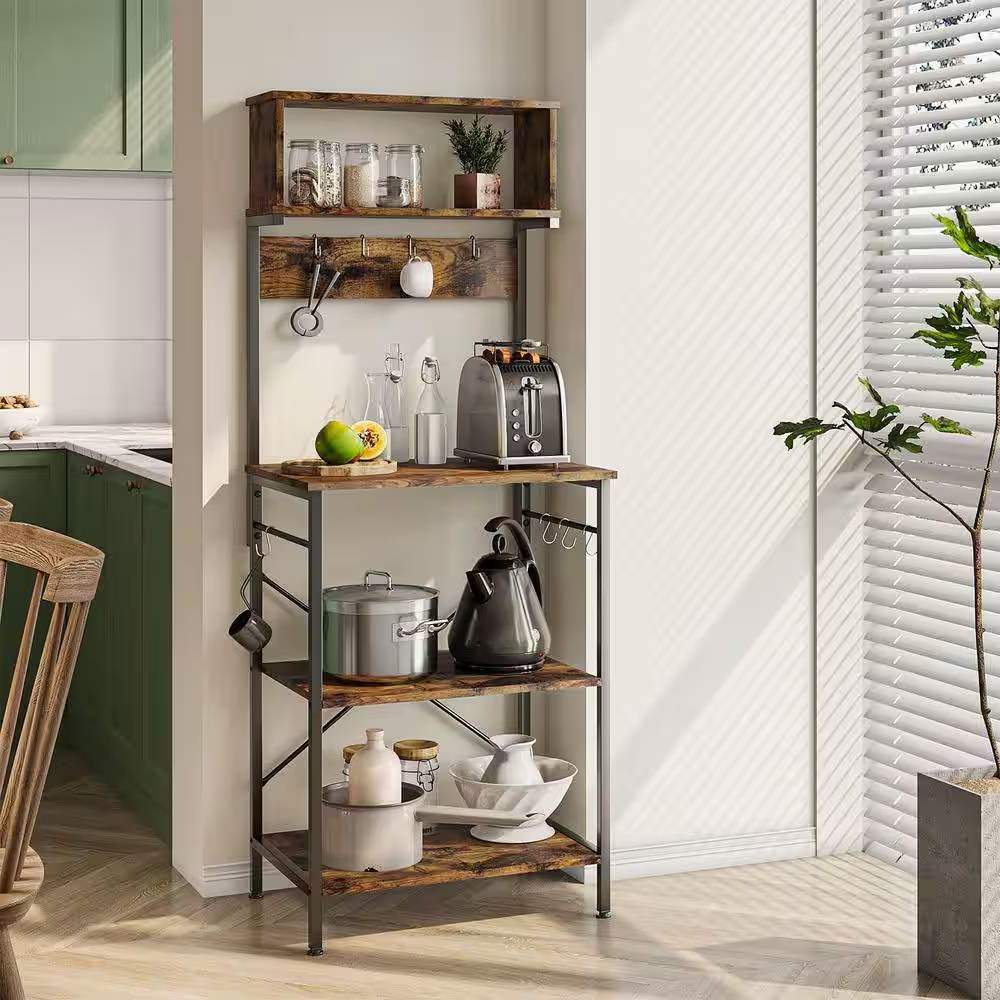 Industrial Modern Kitchen Metal Wood Shelf Bakers Rack Microwave Stand-4