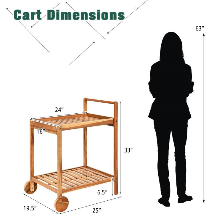 Solid Wood Rolling Serving Cart Kitchen Island with Bottom Shelf-4