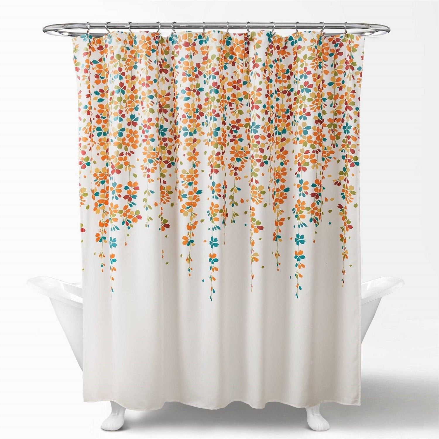 72-inch White Turquoise Blue Orange Floral Flowers Shower Curtain-0