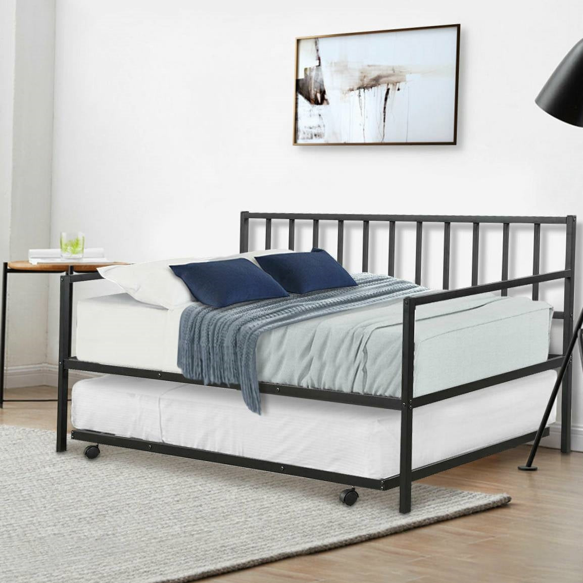 Twin size Black Metal Daybed with Roll-out Trundle Bed Frame-2