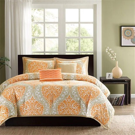 Twin size 4-Piece Orange White Damask Print Comforter Set-0