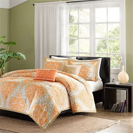 Twin size 4-Piece Orange White Damask Print Comforter Set-1