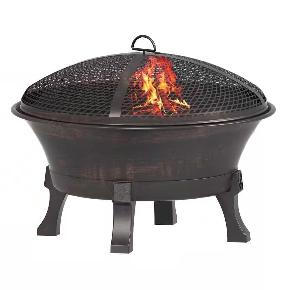 26-inch Outdoor Cast Iron Fire Pit with Mesh Cover and Poker in Bronze-0